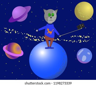 Selfie in space. Funny vector illustration with a cat taking a selfie in space