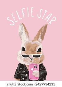 selfie star slogan with cartoon bunny in leather jacket taking selfie vector illustration created by hand