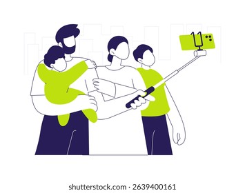 Selfie stick abstract concept vector illustration. Happy family with kids taking selfie using stick, mobile technology, gadgets accessories, holding monopod, people lifestyle abstract metaphor.
