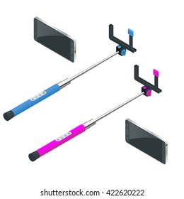 Selfie stick. Flat 3d isometric illustration. For infographics and design 