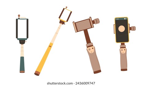 Selfie stick and gimbal set isolated on white background. Stabilization phone and camera device. Vector flat illustration.