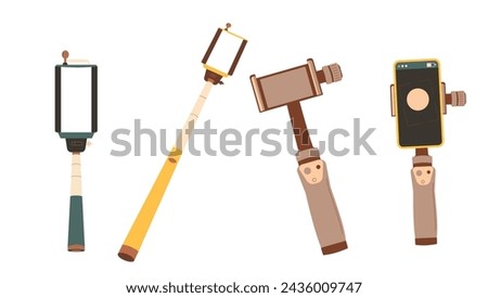 Selfie stick and gimbal set isolated on white background. Stabilization phone and camera device. Vector flat illustration.