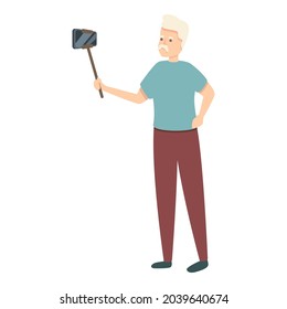 Selfie stick grandpa icon cartoon vector. Travel senior man. Happy people