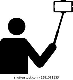 Selfie stick icon. A man holding mobile phone with stick for photo. Photography signs and symbols.