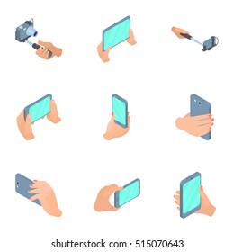 Selfie stick icons set. Cartoon illustration of 9 selfie stick vector icons for web