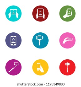 Selfie stick icons set. Flat set of 9 selfie stick vector icons for web isolated on white background