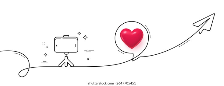 Selfie stick line icon. Continuous line with share plane. Mobile accessories sign. Phone photo symbol. 3d heart in speech bubble. Selfie stick single line ribbon. Loop curve pattern. Vector