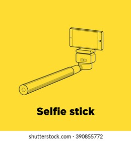 Selfie stick line vector icon on the yellow background.