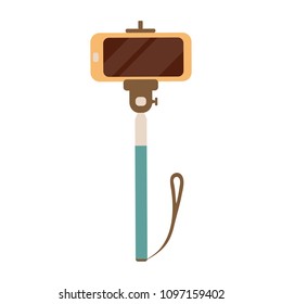 Selfie stick with mobile or cell phone. Isolated modern monopod with smartphone. Hand hold stick for self portraits and video in cartoon style on white background.