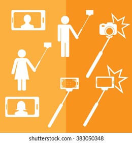 Selfie stick with mobile or cell phone icons set