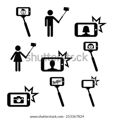 Selfie stick with mobile or cell phone icons set 