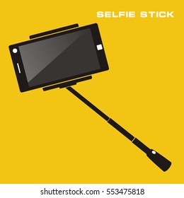 Selfie stick with mobile phone. Flat icon on yellow background. vector