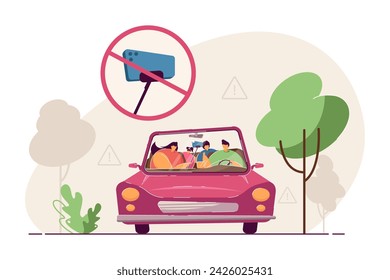 Selfie stick con el teléfono móvil en círculo prohibido. Ilustración vectorial. Gente manejando autos y tomando fotos. Señales de advertencia en el fondo. Prohibición de selfies, peligro del concepto de selfies