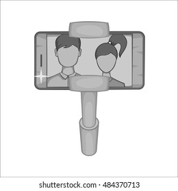 Selfie stick with mobile phone icon in black monochrome style isolated on white background. Communication symbol vector illustration