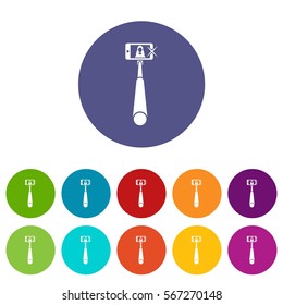 Selfie stick with mobile phone set icons in different colors isolated on white background