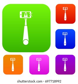 Selfie stick with mobile phone set icon in different colors isolated vector illustration. Premium collection