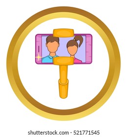 Selfie stick with mobile phone vector icon in golden circle, cartoon style isolated on white background