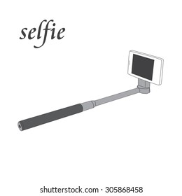 Selfie stick monopod with black handle. Hand drawn.