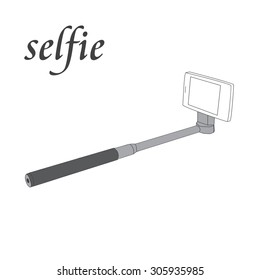 Selfie stick monopod with black handle. Hand drawn.