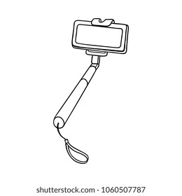 Selfie stick monopod holding modern mobile phone smartphone sketch icon. Self-portrait technology tool for making photo of yourself. Photography equipment object. Vector monochrome illustration