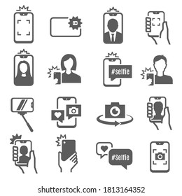 Selfie stick, monopod pole bold black silhouette icons set isolated on white. Smartphone, self portrait, take photo pictogram collection. Cell mobile phone, camera vector element for infographic, web.