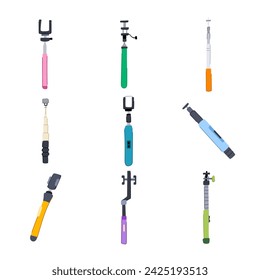 selfie stick set cartoon. photography mobile, photo picture, monopod self selfie stick sign. isolated symbol vector illustration