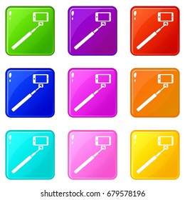 Selfie stick and smartphone icons of 9 color set isolated vector illustration