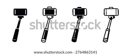 Selfie Stick with Smartphone Icons. Hand Drawn Monopod and Mobile Phone Symbols. Social Media and Vlogging Equipment Vector Set.