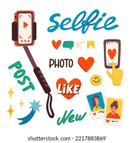 Selfie stick, y stickers para hacer un blog o vlog vector ilustración. Iconos de dibujos animados para hacer ilustraciones planas vectoriales de contenido de internet.