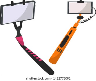 Selfie stick vector monopod with smartphone making photography self-portrait illustration set of modern phone-stick and selfie-monopod design isolated on white background
