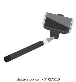 Selfie stick with white mobile smartphone vector. Self portrait device
