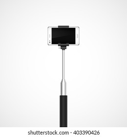 Selfie stick with white smartphone. Vector illustration.