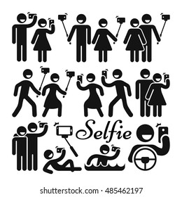 Selfie stick woman and man vector icons set. Photography with mobile phone for social media illustration