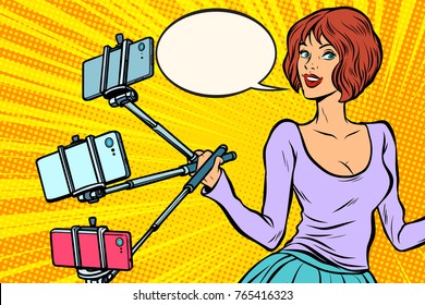 selfie stick woman. Pop art retro vector illustration