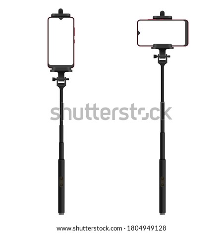 Selfie sticks realistic set. Adjustable equipment for self-portrait, selfshot, video blogging, live streaming. Monopod pole. Copy space. Vector mockups isolated on white background.