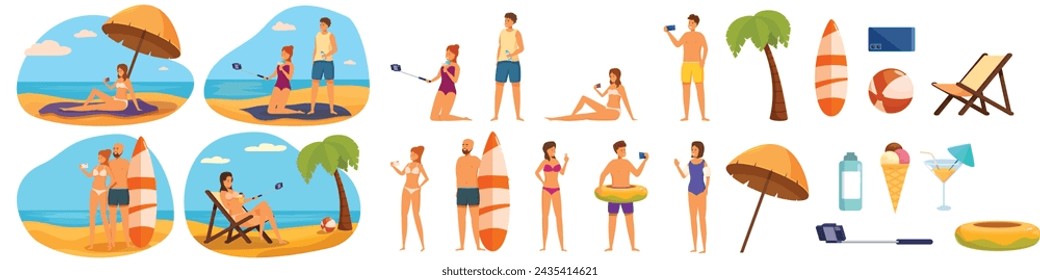 Selfie summer beach icons set cartoon vector. Smartphone mobile. Vacation swimsuit