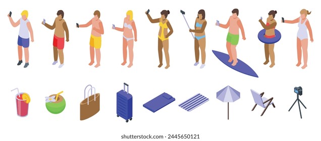 Iconos de playa de verano selfie conjunto de Vector isométrico. Felices vacaciones. Vacaciones en la costa