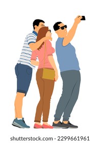 Selfie teenagers tourists taking picture on vacation vector illustration isolated on white background. Taking selfie with mobile phone. Friends couple traveler fun. Happy students crew on destination.