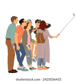 Selfie teenagers tourists taking picture on vacation vector illustration isolated on white background. Taking selfie with mobile phone. Friends couple traveler fun. Happy students crew on destination.