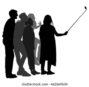 Selfie teenagers tourists taking pictures vector silhouette illustration isolated on white background. Taking selfie - hand hold monopod with mobile phone.  Friends traveler fun. Students crew travel.