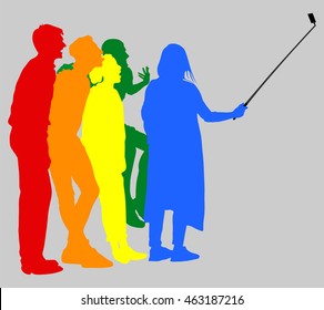 Selfie teenagers tourists taking pictures vector silhouette illustration isolated on white background. Taking selfie with mobile phone. Friends traveler fun. Happy students crew on travel destination.