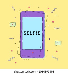 Selfie text with phone screen. Vector illustration.