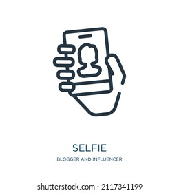 selfie el icono de línea delgada. cámara, iconos lineales digitales del blogger e influencer concepto señal de contorno aislado. Elemento de símbolo de ilustración vectorial para diseño web y aplicaciones.