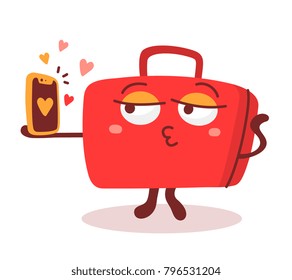 Selfie time sticker posing for picture. Vector illustration of red color character suitcase girl making selfie on phone on white background with shadow. Flat style design of cool character