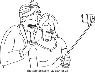Selfie Time in the Village: One-Line Cartoon of an Indian Husband and Wife Capturing the Moment, Continuous Sketch Illustration of an Indian Couple in Village Attire with a Selfie Stick
