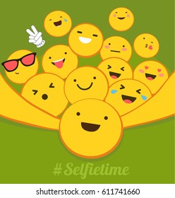 Selfie time. The yellow smiles with different emotions taking a selfie. Flat design for social networking, blogging. Vector illustration on green background.