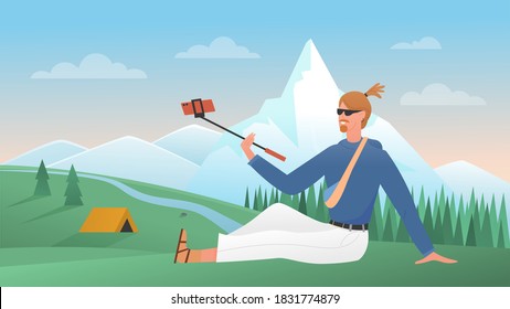 Selfie in travel vector illustration. Cartoon traveling blogger character with selfie stick making photo for blog, man traveller sitting on grass in mountain landscape, tourist photography background