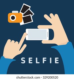 selfie trendy with smartphone and hands flat design