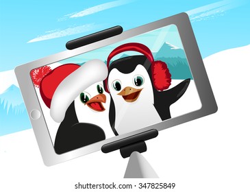 selfie of two penguins winter mountains vector illustration