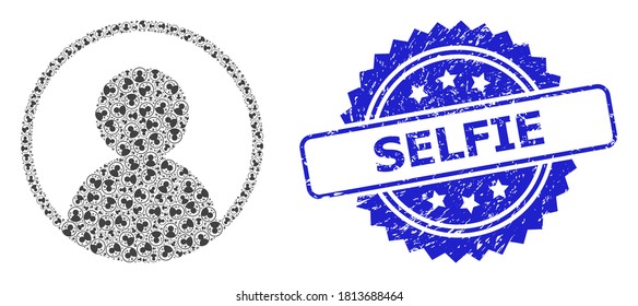 Selfie unclean stamp   vector fractal mosaic user portrait  Blue stamp seal contains Selfie title inside rosette  Vector mosaic is formed and recursive rotated user portrait items 